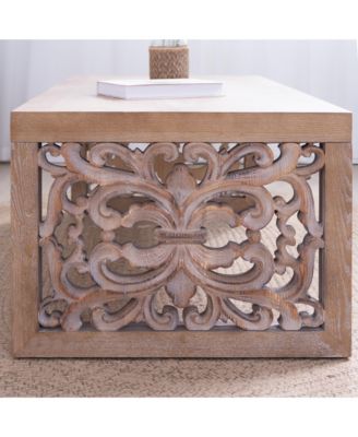 Rustic Carved Wood Coffee Table - Ornate Panels, Natural Finish