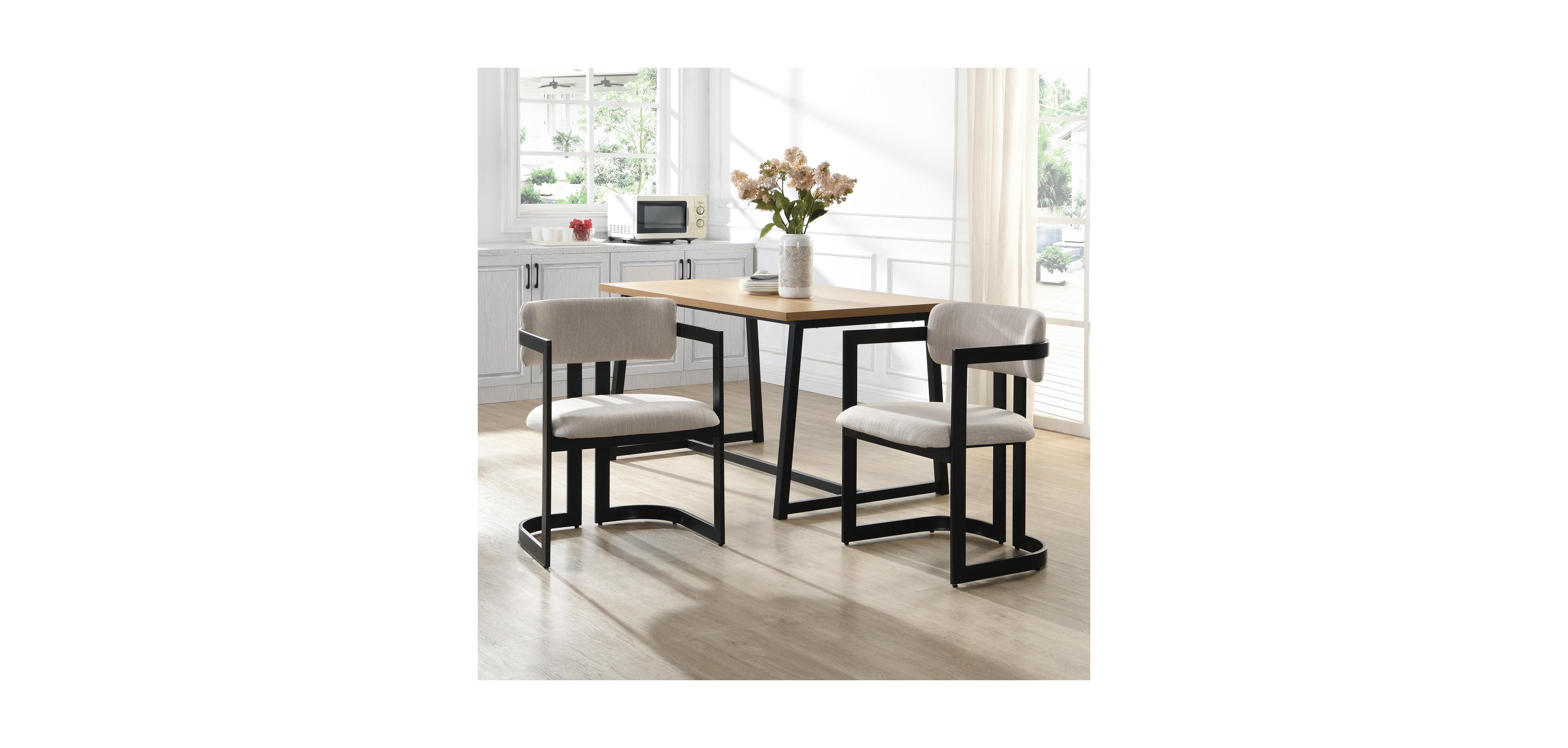Streamdale Furniture + Set of 2 + Beige Fabric + Black Metal Frame + Upholstered Dining Chairs