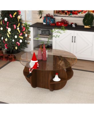 Streamdale Round Coffee Table - Glass Top, Walnut Brown