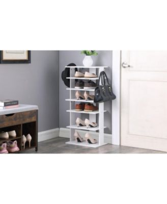 7-Tier Vertical Shoe Rack Organizer with Hooks - White