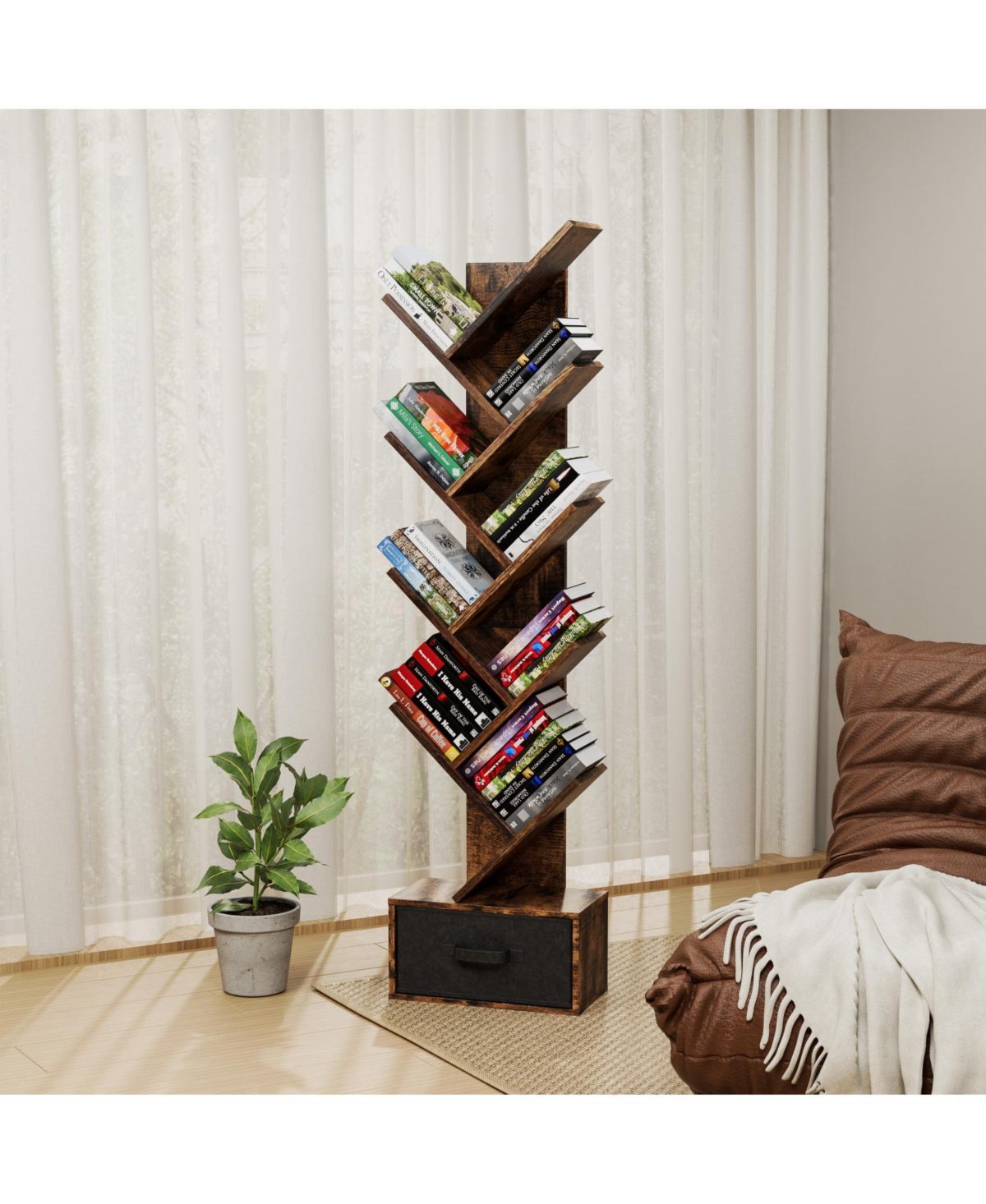 Streamdale Furniture Rustic Brown 9-Tier Tree Bookshelf with Drawer