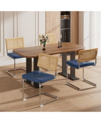 Rattan Dining Chairs Set of 4 Blue Faux Leather