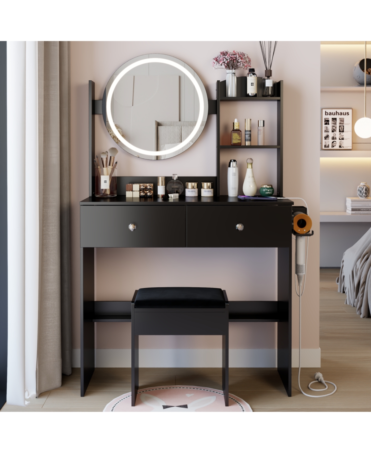 Streamdale Furniture 17" Led Vanity Table Set Touch 3 Colors Storage & Power