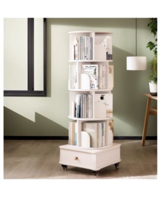  Rotating 5-Tier Corner Bookshelf with Drawer (White)
