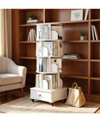  Rotating 5-Tier Corner Bookshelf with Drawer (White)
