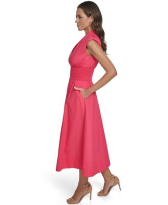 Women's Smock Waist Front Zip Midi Dress