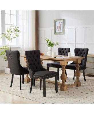 Nikki Tufted Linen Dining Chair Set (2), Modern & Contemporary, Black Upholstery, Black Wood Legs