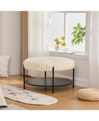 Upholstered Round Ottoman Coffee Table with Storage - Beige