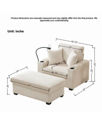  55" Oversized Chaise Lounge Chair with Ottoman, Storage & USB - Beige