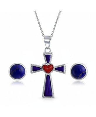 Created Blue Lapis Cross Pendant Necklace and Round Stud Earrings Jewelry Set Sterling Silver