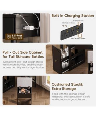 Streamdale Corner Vanity Desk Set, Cushioned Stool, Charging Station, Black
