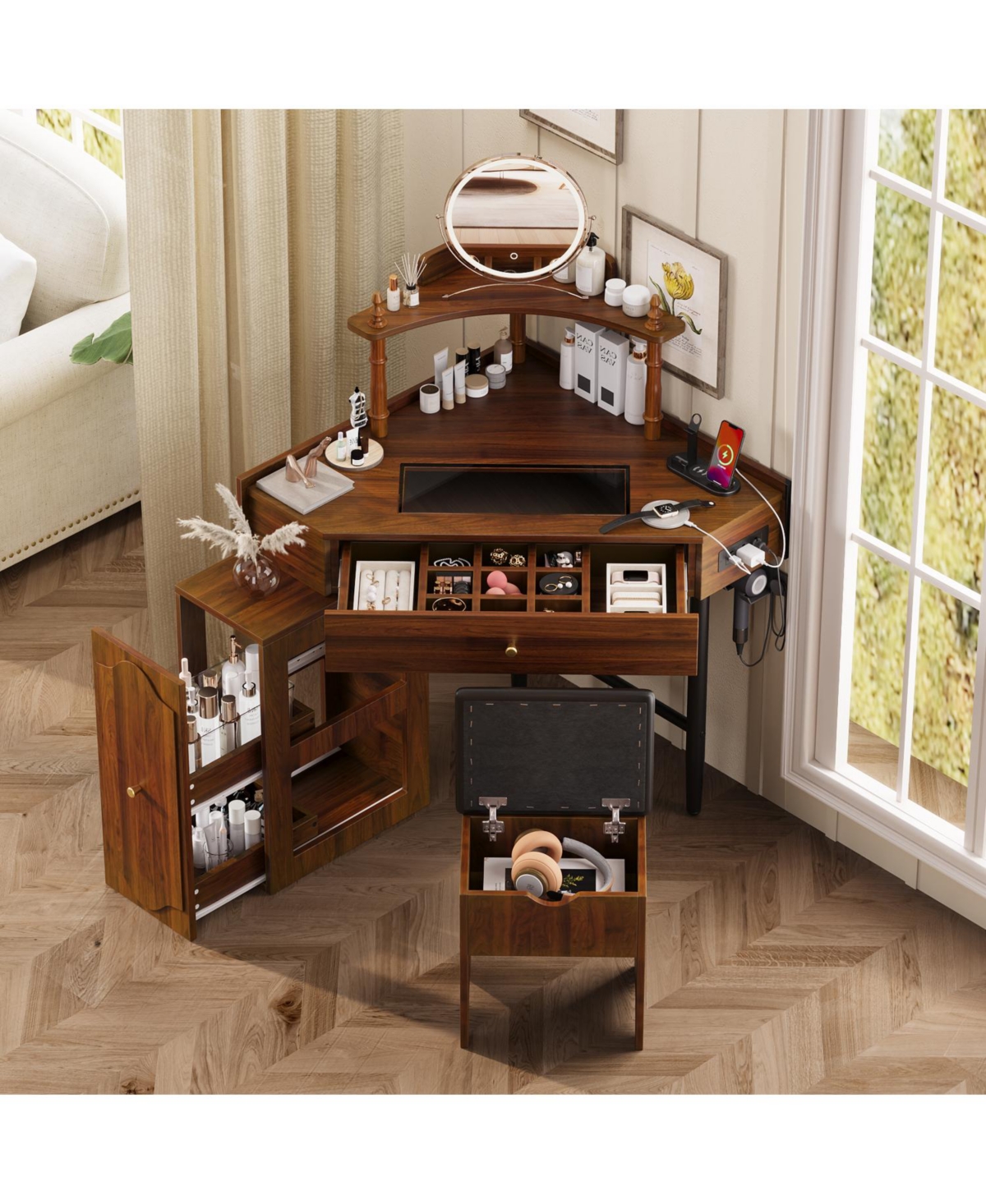 Streamdale Corner Vanity Desk Set, Cushioned Stool, Charging Station, Black