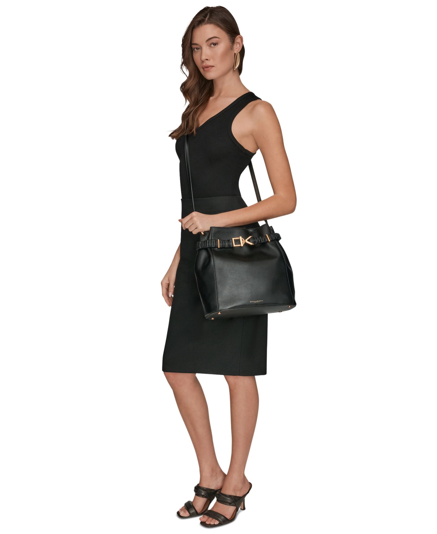 Женская сумка Donna Karan New York Gingham Medium Bucket, цвет: Чёрный / Золотой — фото 2