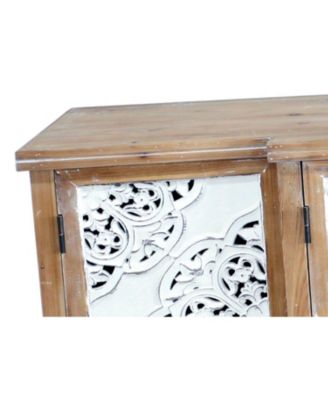 Hollow-Carved Accent Cabinet Distressed Wood Adjustable Shelves