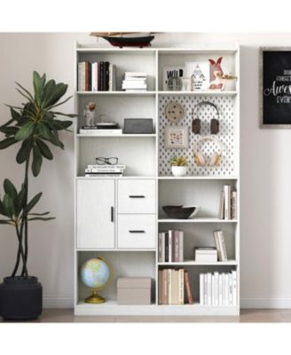 Streamdale White Bookshelf with Pegboard & Drawer, 9 Cubbies