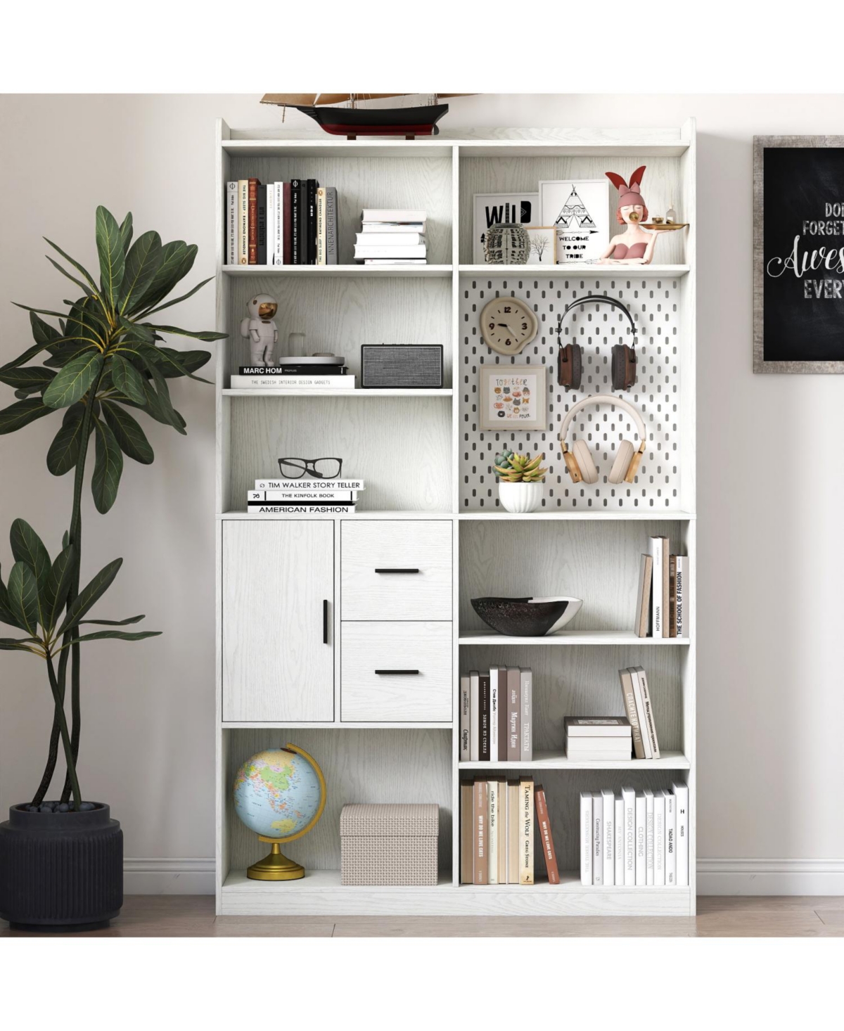 Streamdale Furniture Streamdale White Bookshelf with Pegboard & Drawer, 9 Cubbies