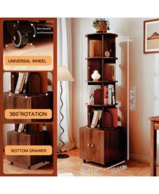 Rotating 5-Tier Corner Bookshelf with Drawer