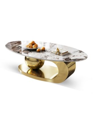 Oval Faux Marble Coffee Table with Stainless Steel Base