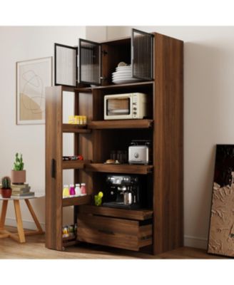 70.87" Kitchen Pantry Cabinet w/ Pull-Out Shelves, Drawer & Microwave Stand