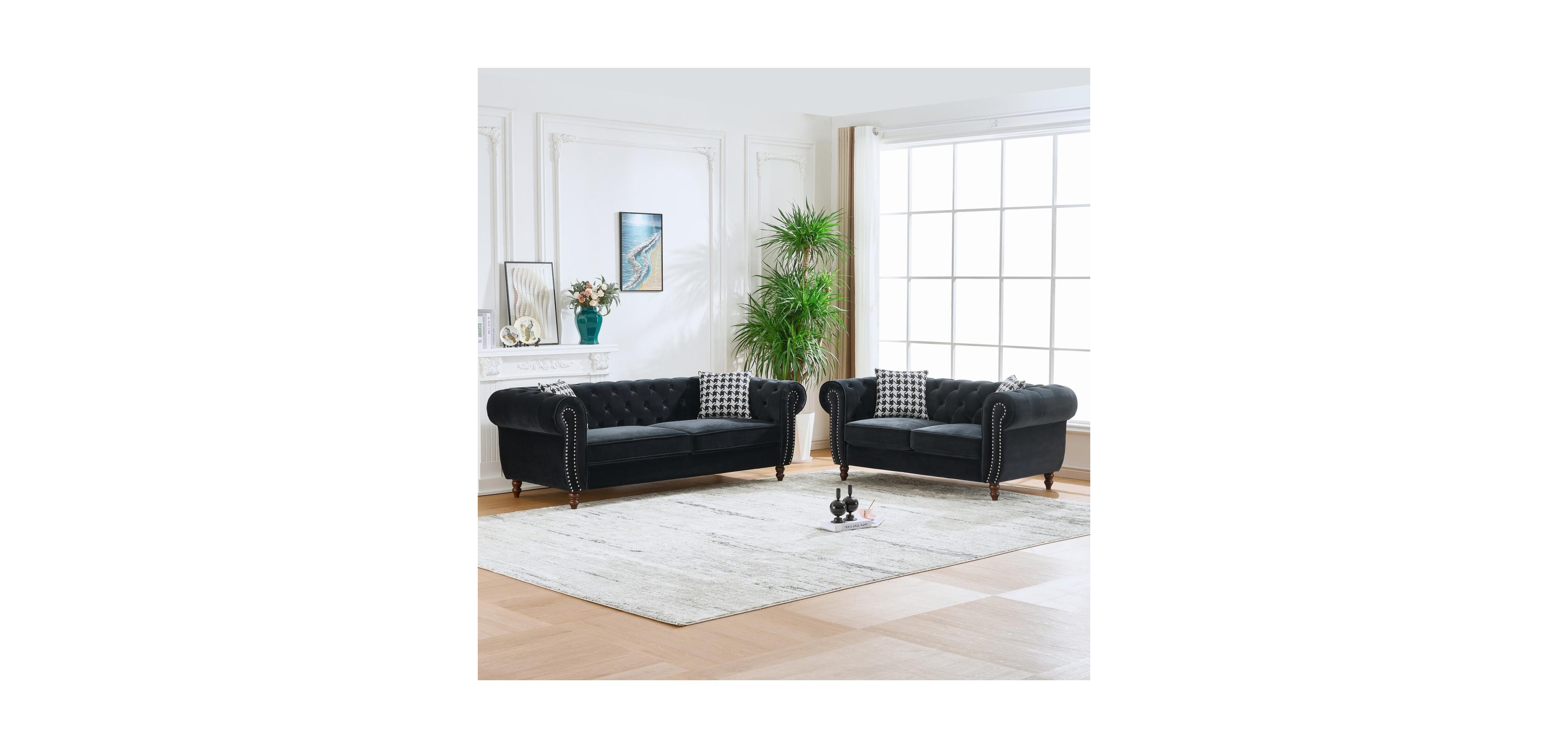 Streamdale Furniture Chesterfield Velvet Sofa Set, Roll Arm, Nailhead Trim