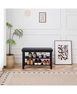 Shoe Bench with Seat Cushion, 3-Tier Shoe Rack, Metal Mesh Shelves