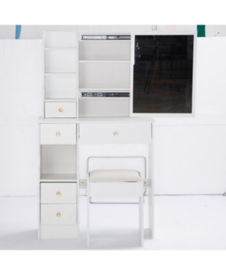 Compact Vanity Table with Large Mirror and Multi-Tier Storage, Stool Included