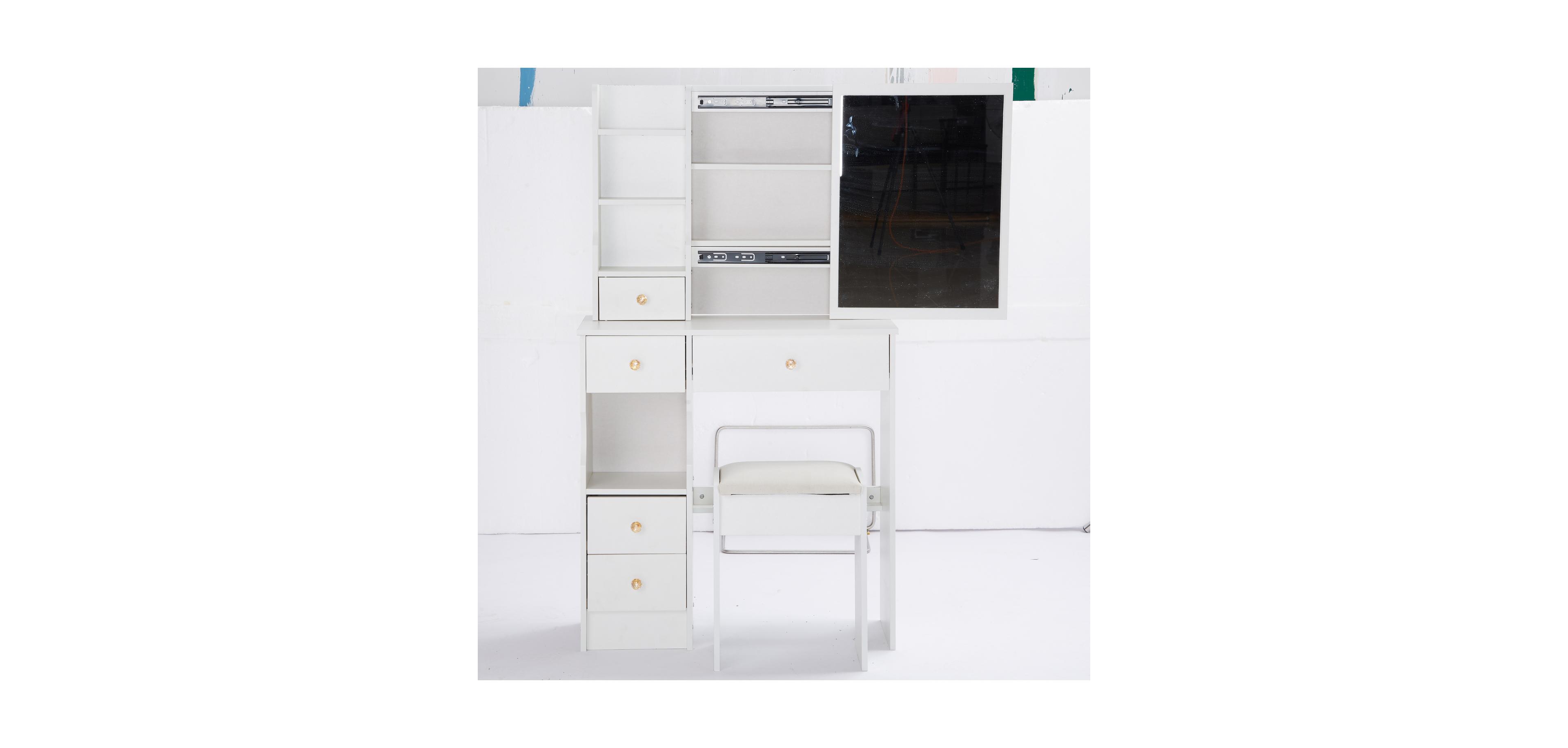 Streamdale Furniture Compact Vanity Table with Large Mirror and Multi-Tier Storage, Stool Included