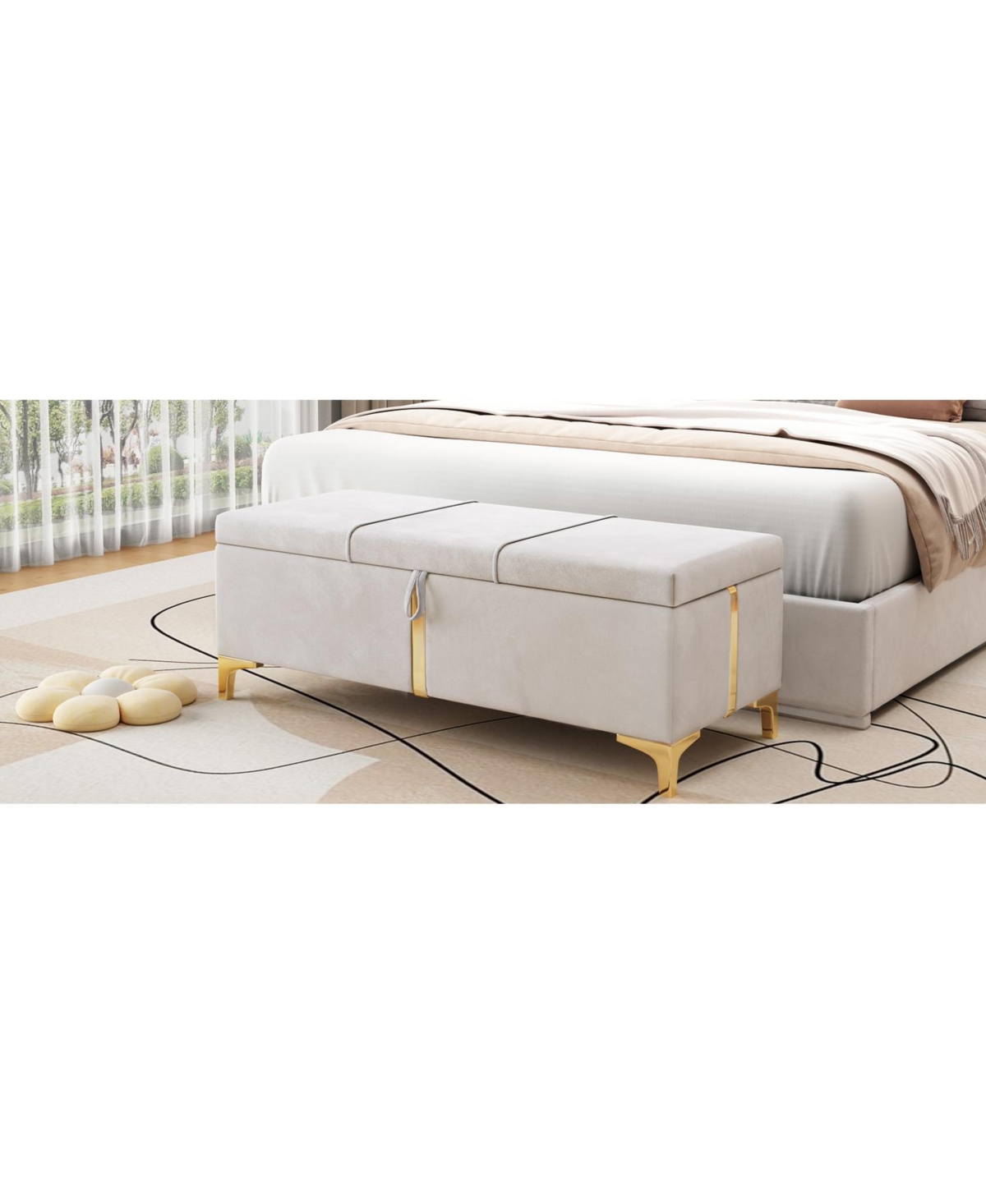 Streamdale Furniture Upholstered Storage Ottoman Bench - Metal Legs, Beige