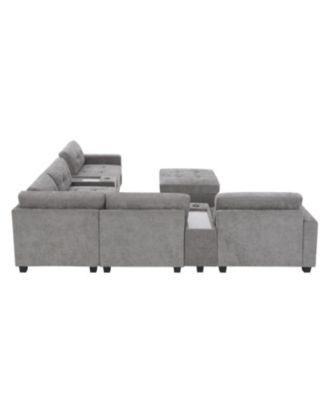 104" Tufted Sectional Sofa with Acrylic Table, Consoles, USB Charger, Storage, Ottoman