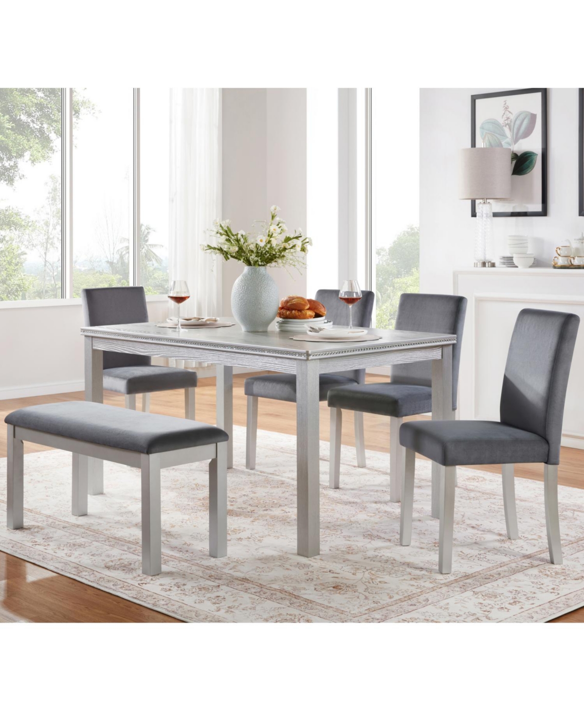 Streamdale Furniture Wooden Dining Table Set with 4 Chairs & Bench - Silver Grey