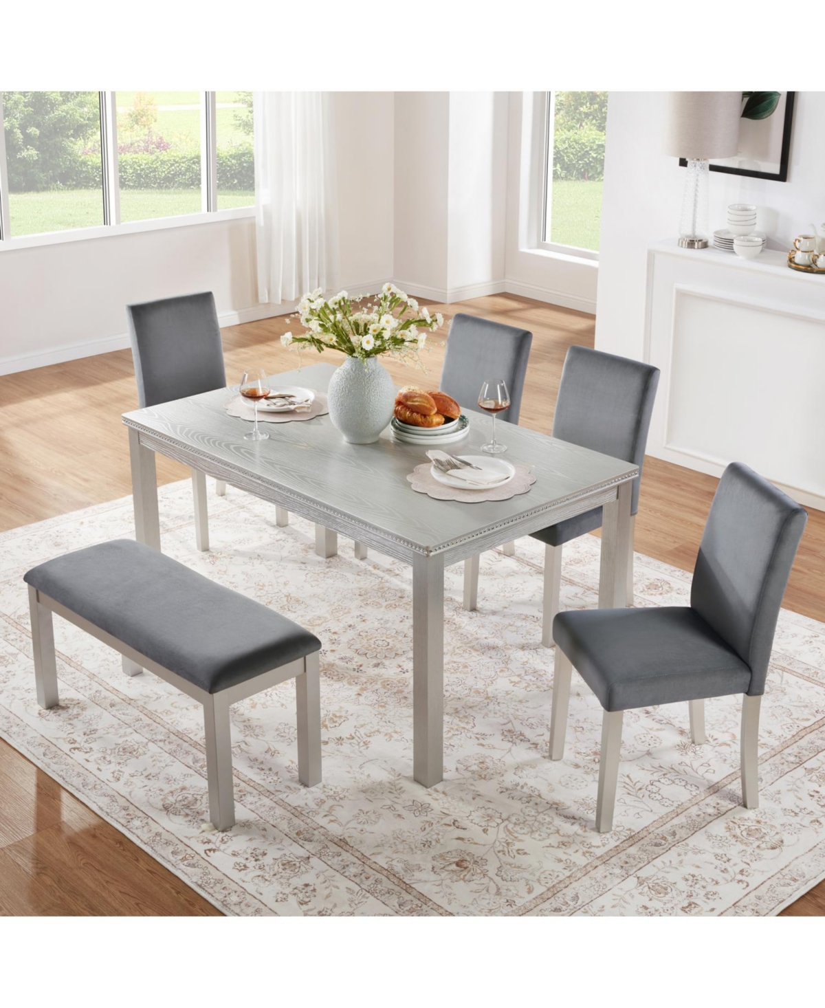 Streamdale Furniture Wooden Dining Table Set with 4 Chairs & Bench - Silver Grey