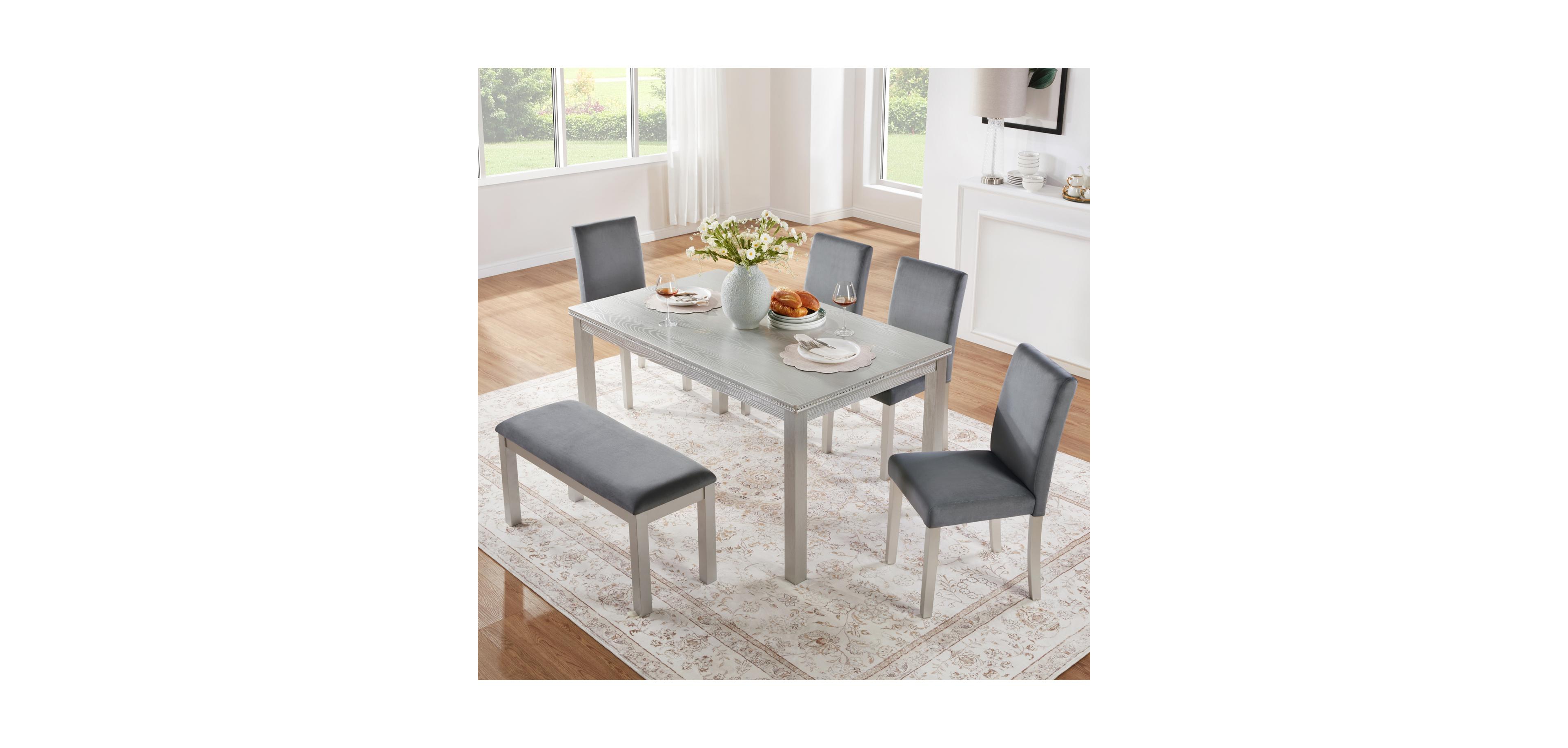 Streamdale Furniture Wooden Dining Table Set with 4 Chairs and Bench - Silver Grey