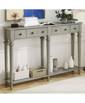 Entryway Table - Retro Console Table with 4 Drawers & Shelf (Grey Wash)