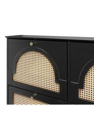 Streamdale Mid-Century Narrow Shoe Cabinet - 4 Flip Drawers, Rattan Doors, Hooks, Black