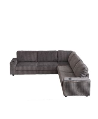 Streamdale Oversized Corduroy Corner Sofa w/ Storage, USB, Cup-holder