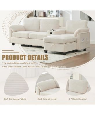  L-Shape Corduroy Sofa- 4-Seater, USB, Storage, Console & Ottoman