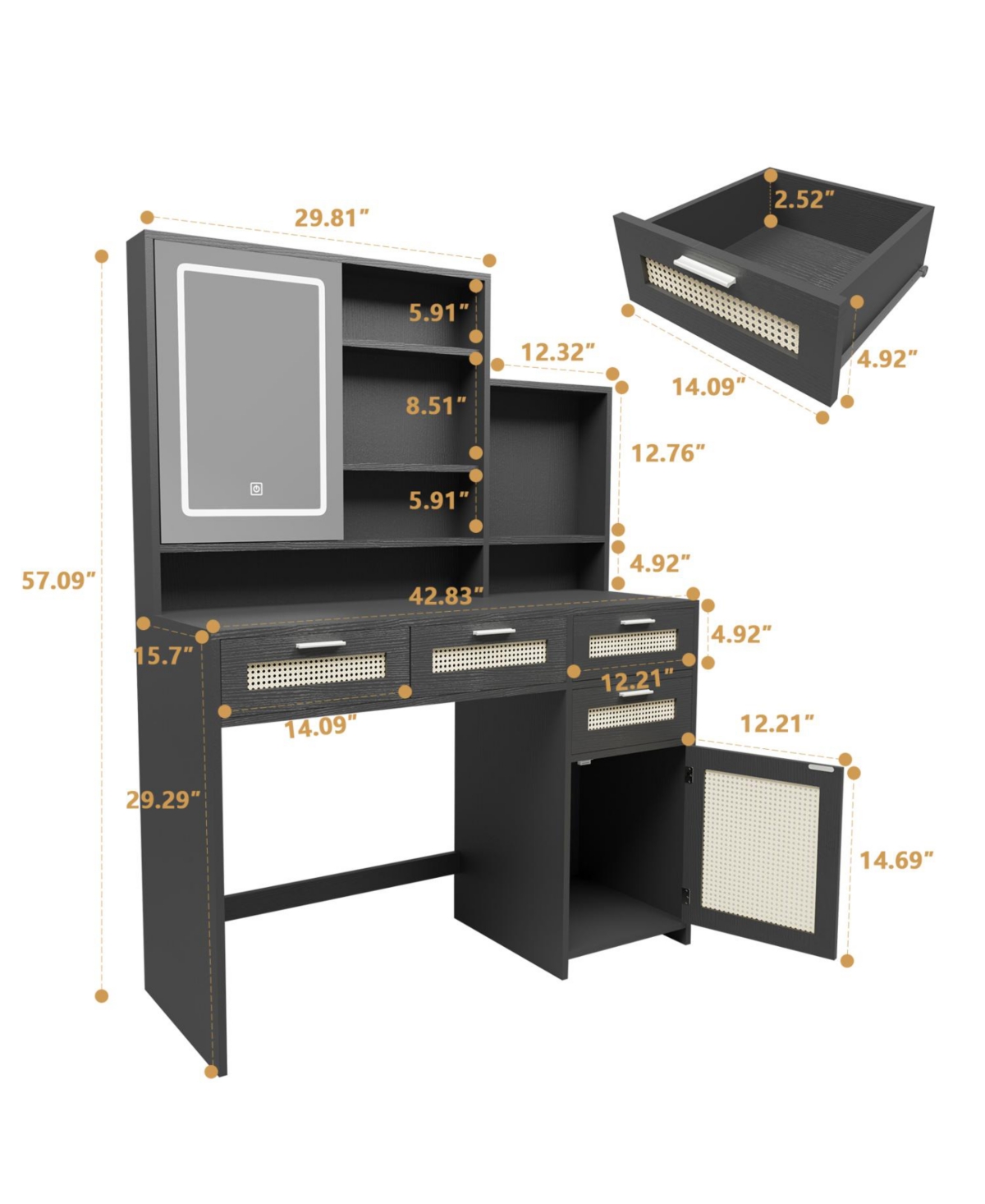 Streamdale Furniture Streamdale Led Makeup Vanity with Adjustable Lighting & Ample Storage