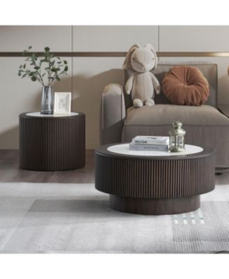  Marble Pattern Coffee Table Set - Round, Dark Brown