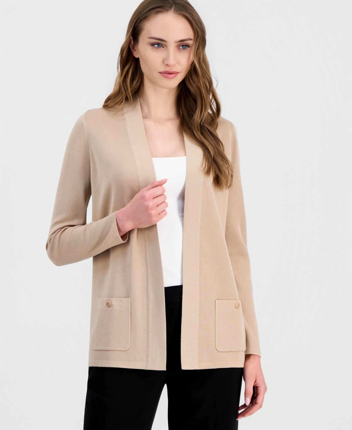 Anne Klein Women's Malibu Fine Rib Open-Front Cardigan - Latte