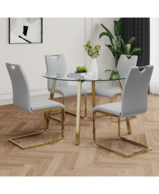  Modern Glass Circle Table & Grey PU Dining Chair Set (5)