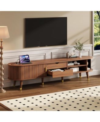 Streamdale Wooden Oval TV Stand with Charging Station, Mid-Century Media Console, Walnut