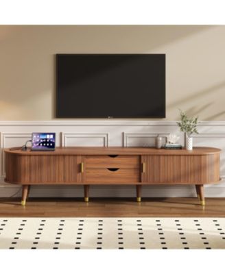 Streamdale Wooden Oval TV Stand with Charging Station, Mid-Century Media Console, Walnut