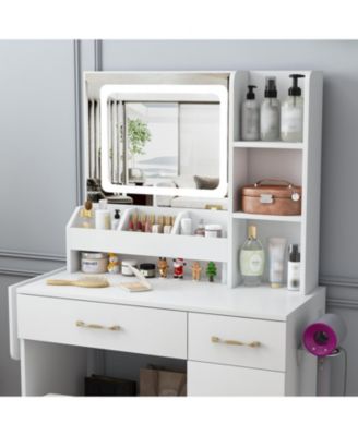 Streamdale Vanity Desk with LED Mirror Power Outlet 3 Drawers 7 Shelves & Stool