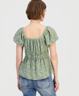 Juniors' Lace Puff-Sleeve Babydoll Top