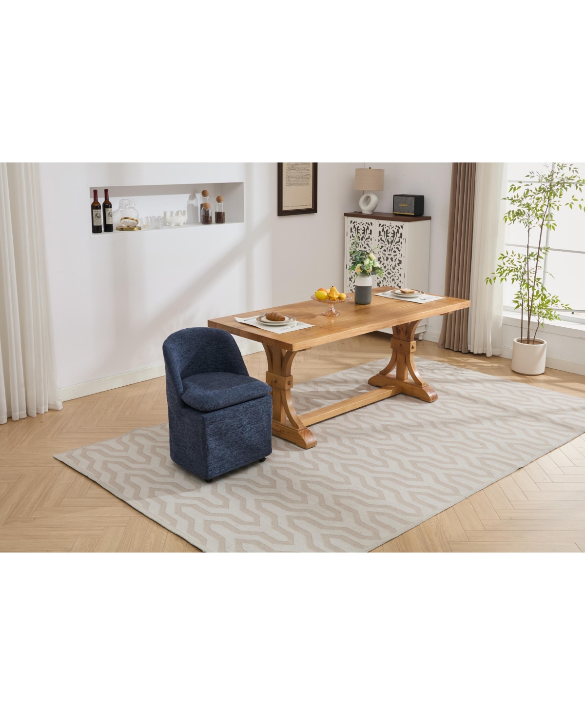 Streamdale Furniture Set of 2 Chenille Fabric Dining Chairs With Universal Wheels,Blue