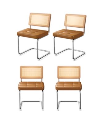 Rattan Dining Chairs Set of 4 Faux Leather Brown