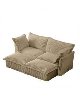 Slipcovered 2-Seater Sofa with Ottomans Corduroy Camel