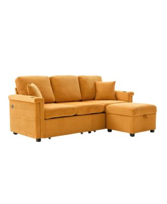 L-Shaped Sectional Sofa w/ Storage Ottoman, USB, Cup Holder, Corduroy