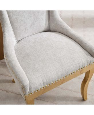 Chenille Dining Chairs, Gold Legs, Rivet Trim, Beige, Set of 2