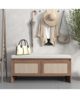  Rattan Storage Bench with Cushion & Shoe Cabinet - Natural Finish